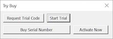 Try/Buy Activation dialog for Excel workbook licensed with ExcelCL Windows